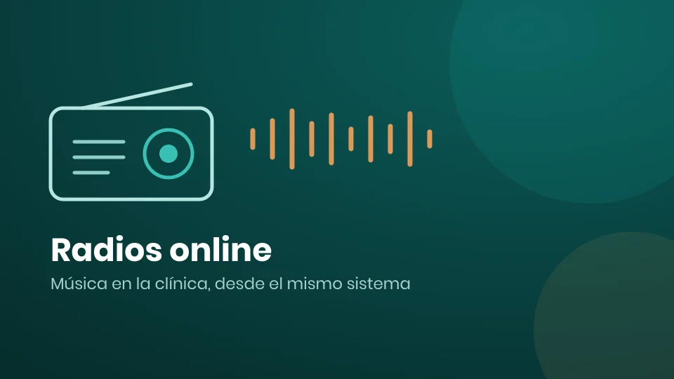 Ilustración de una radio con ondas de sonido sobre fondo verde azulado