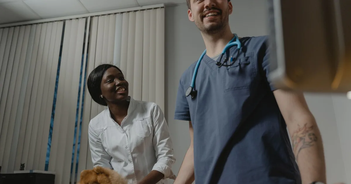 Veterinarios sonrientes examinan a un perro Pomerania en un consultorio veterinario