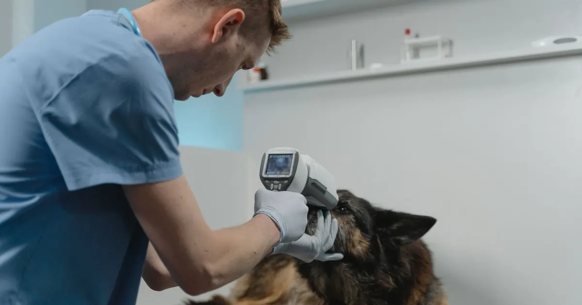 Veterinario examina a un pastor alemán con una herramienta de diagnóstico en una clínica veterinaria.