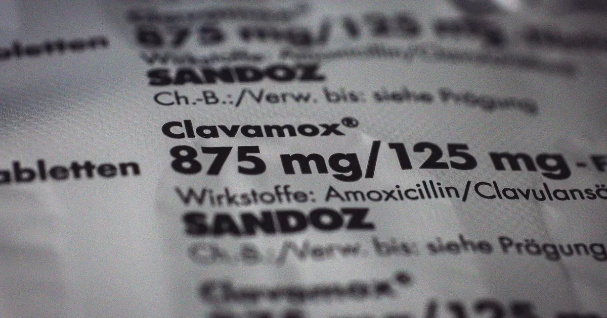 Primer plano de un envase de Clavamox mostrando la dosis e ingredientes