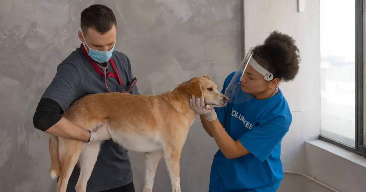 Veterinario examina a un perro sobre la camilla en un ambiente clínico interior.