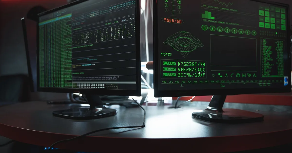 Dos monitores de computador con interfaces de código en verde sobre fondo oscuro, evocando ciberseguridad.